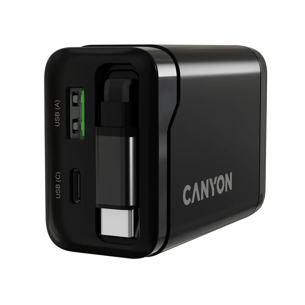 CANYON OnCharge 65RC 65W GaN lādētājs ar ievelkamu USB-C kabeli, melns