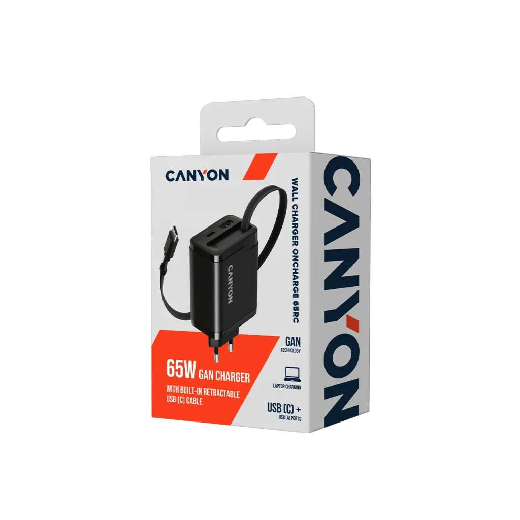 CANYON OnCharge 65RC 65W GaN lādētājs ar ievelkamu USB-C kabeli, melns