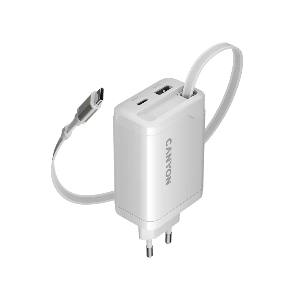 CANYON OnCharge 65RC 65W GaN lādētājs ar ievelkamu USB-C kabeli, balts