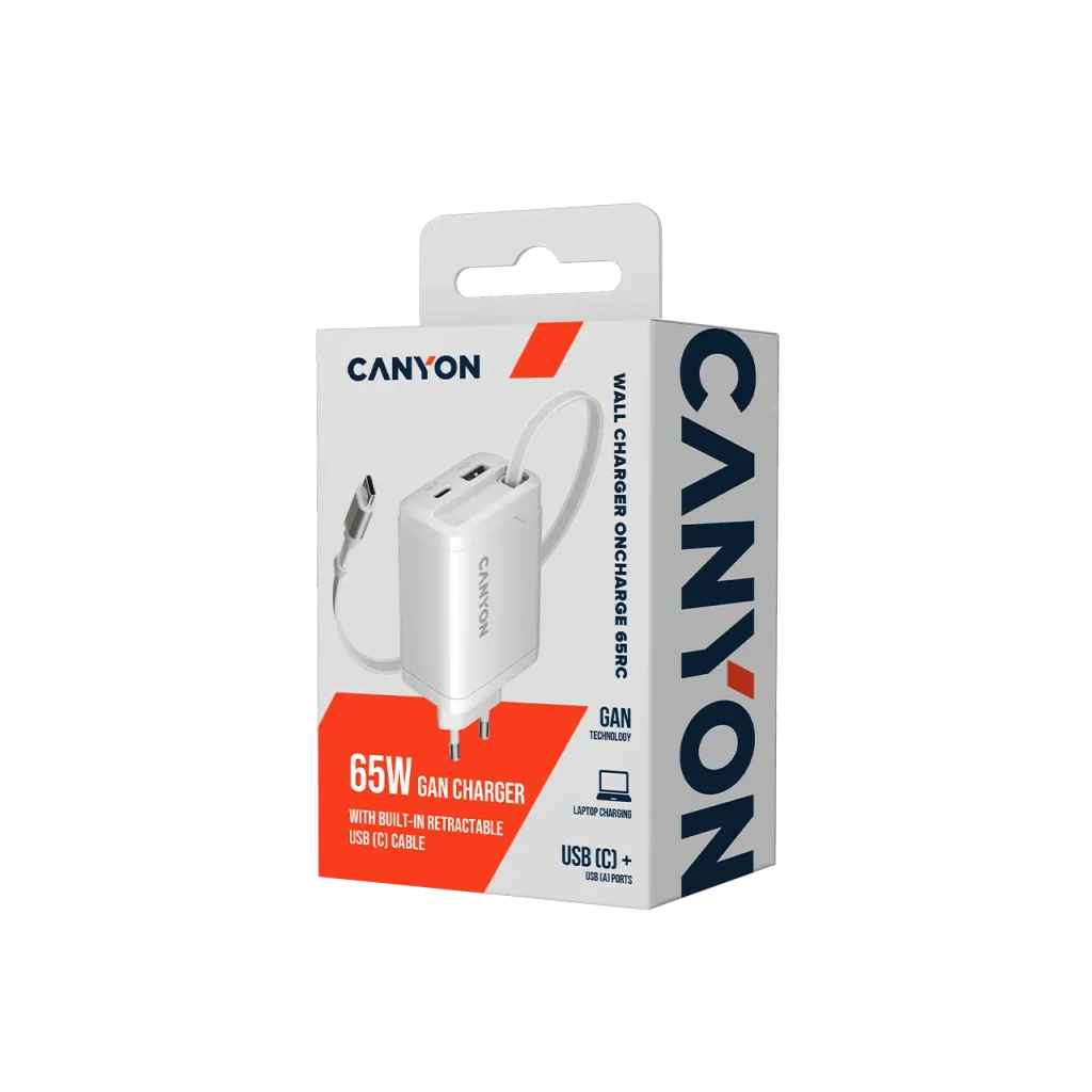 CANYON OnCharge 65RC 65W GaN lādētājs ar ievelkamu USB-C kabeli, balts