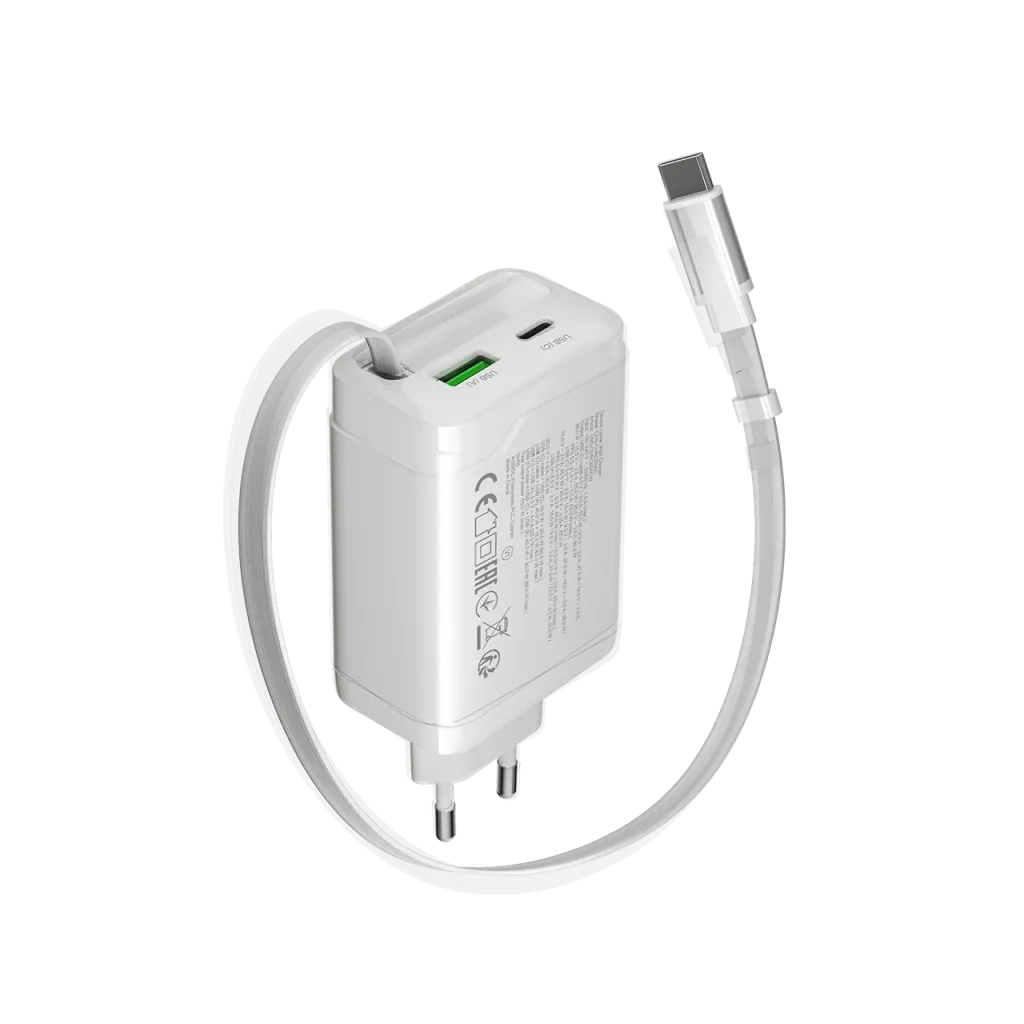 CANYON OnCharge 65RC 65W GaN lādētājs ar ievelkamu USB-C kabeli, balts