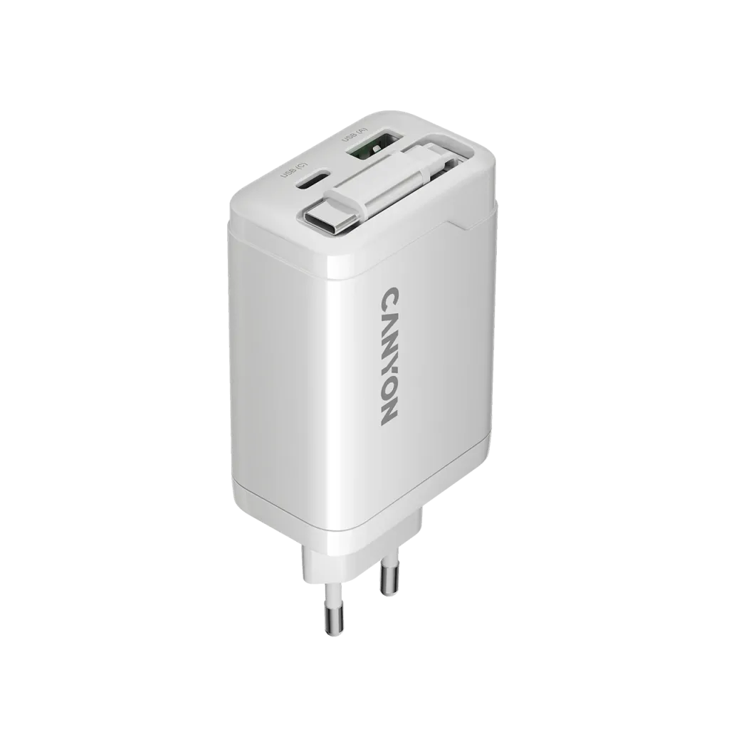 CANYON OnCharge 65RC 65W GaN lādētājs ar ievelkamu USB-C kabeli, balts