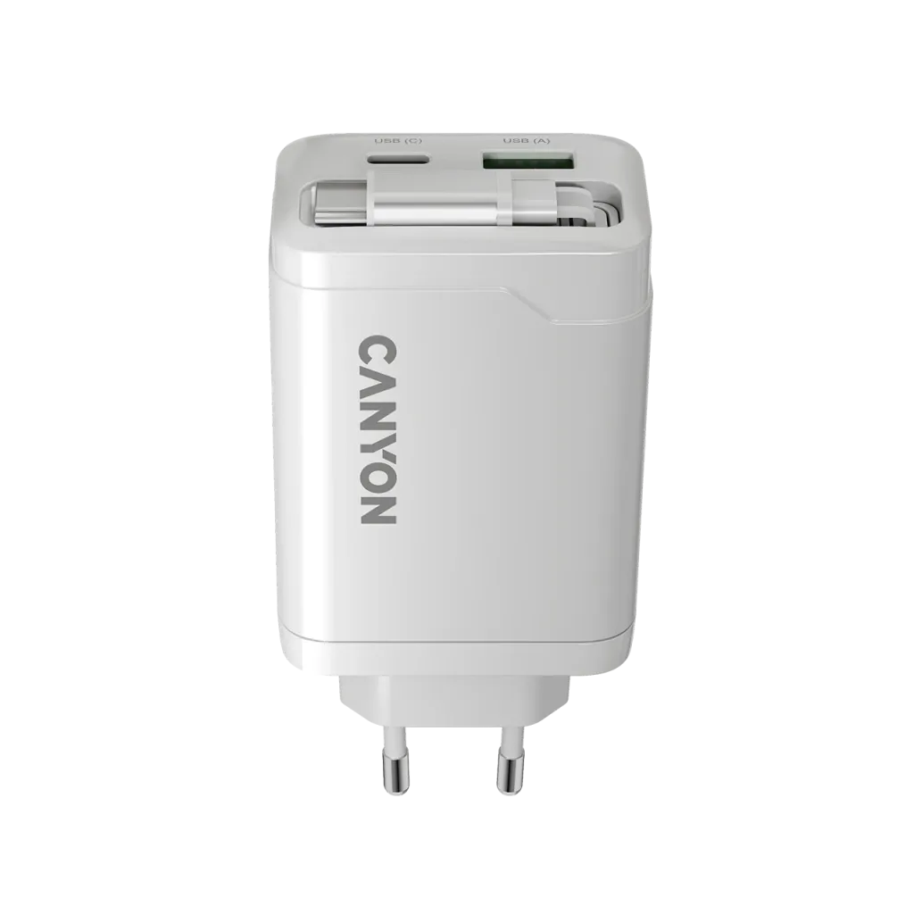 CANYON OnCharge 65RC 65W GaN lādētājs ar ievelkamu USB-C kabeli, balts