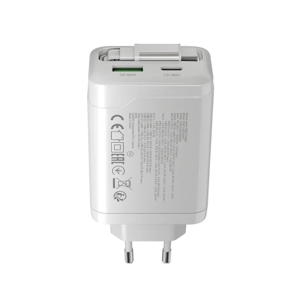 CANYON OnCharge 65RC 65W GaN lādētājs ar ievelkamu USB-C kabeli, balts