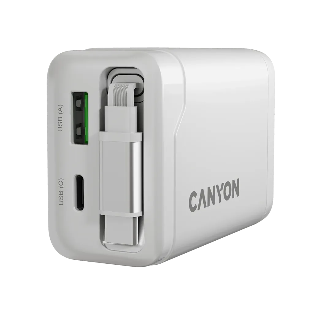 CANYON OnCharge 65RC 65W GaN lādētājs ar ievelkamu USB-C kabeli, balts