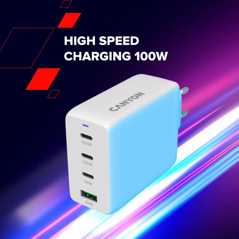 CANYON lādētājs CU100ACC GaN 100 W 3×PD 1×QC EU balts
