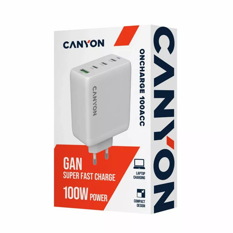 CANYON lādētājs CU100ACC GaN 100 W 3×PD 1×QC EU balts