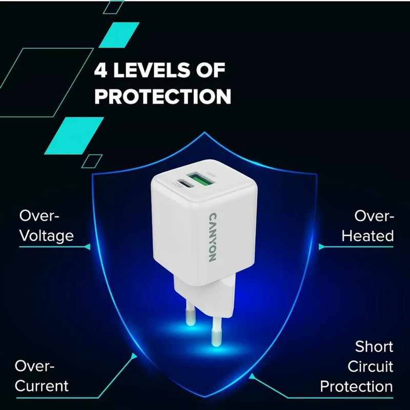 CANYON lādētājs CU20AC GaN 20 W 1×PD 1×QC EU balts