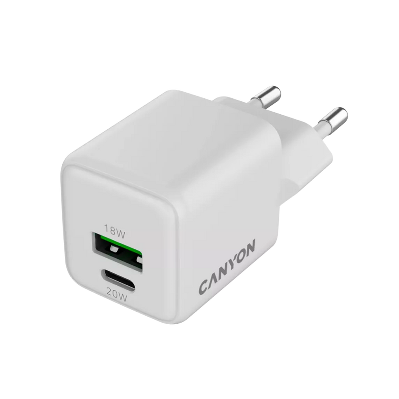 CANYON lādētājs CU20AC GaN 20 W 1×PD 1×QC EU balts