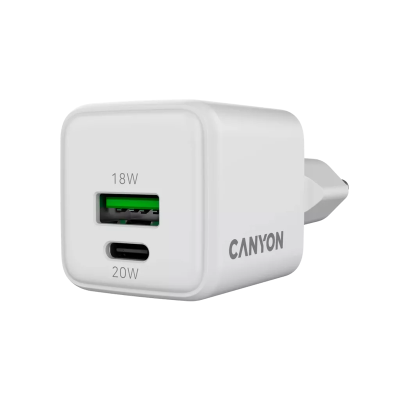 CANYON lādētājs CU20AC GaN 20 W 1×PD 1×QC EU balts