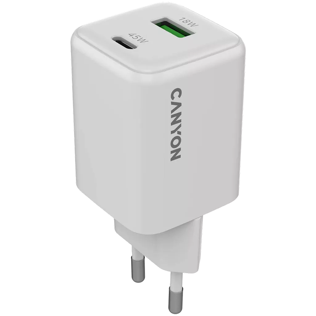 CANYON lādētājs CU45AC GaN 45 W 1×PD 1×QC EU balts