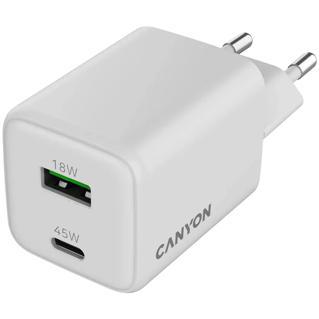 CANYON lādētājs CU45AC GaN 45 W 1×PD 1×QC EU balts