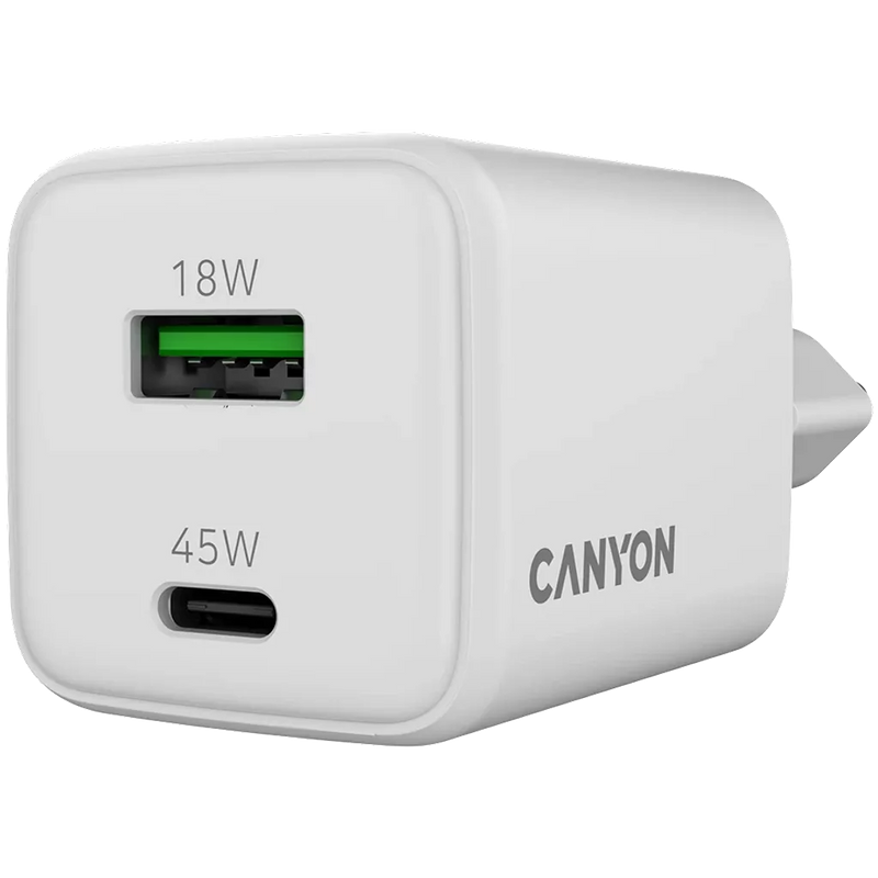 CANYON lādētājs CU45AC GaN 45 W 1×PD 1×QC EU balts