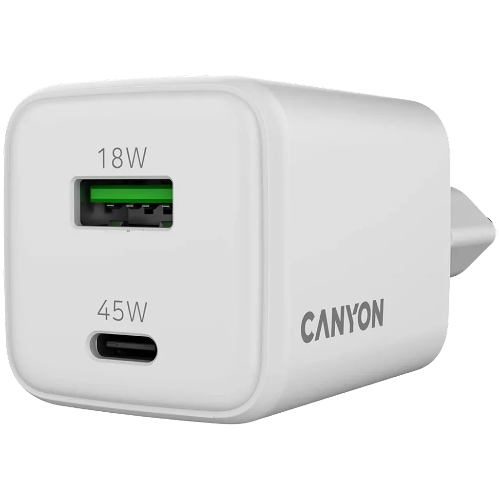 CANYON lādētājs CU45AC GaN 45 W 1×PD 1×QC EU balts