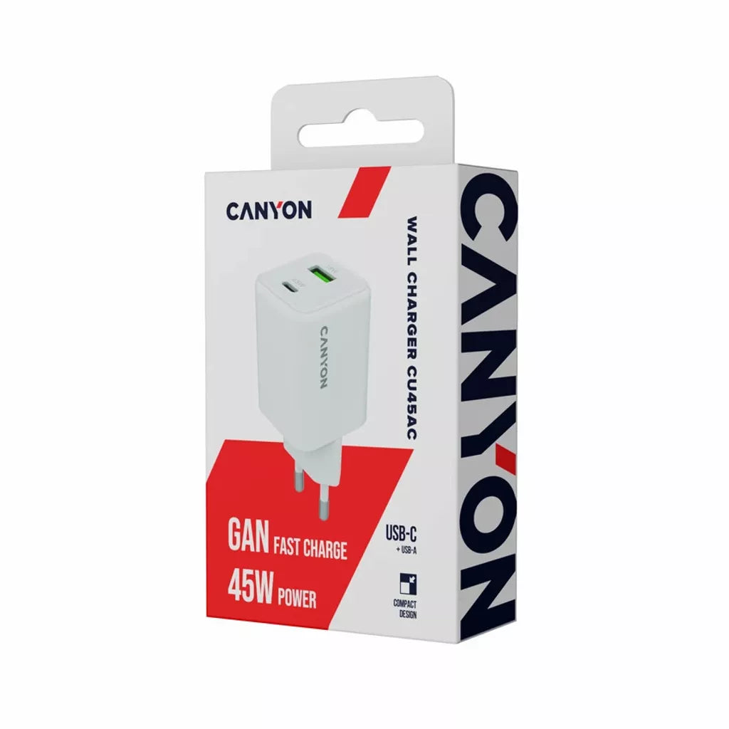 CANYON lādētājs CU45AC GaN 45 W 1×PD 1×QC EU balts