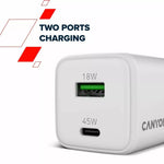 CANYON lādētājs CU45AC GaN 45 W 1×PD 1×QC EU balts
