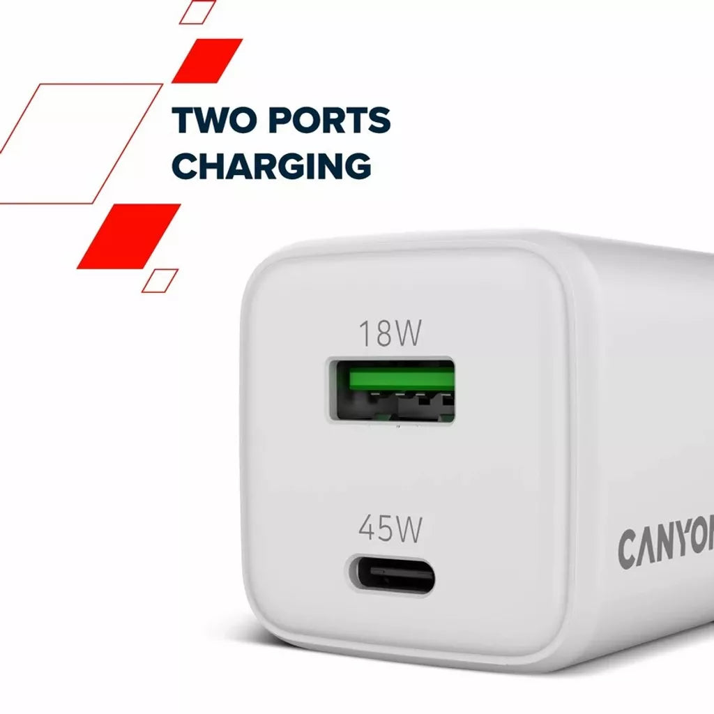 CANYON lādētājs CU45AC GaN 45 W 1×PD 1×QC EU balts