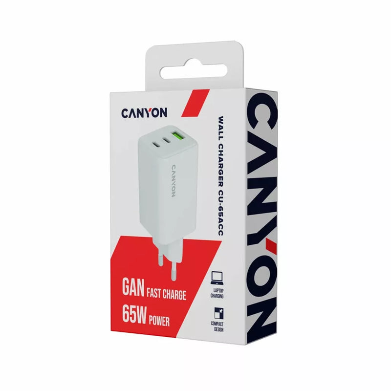 CANYON lādētājs CU65ACC GaN 65 W 2×PD 1×QC EU balts