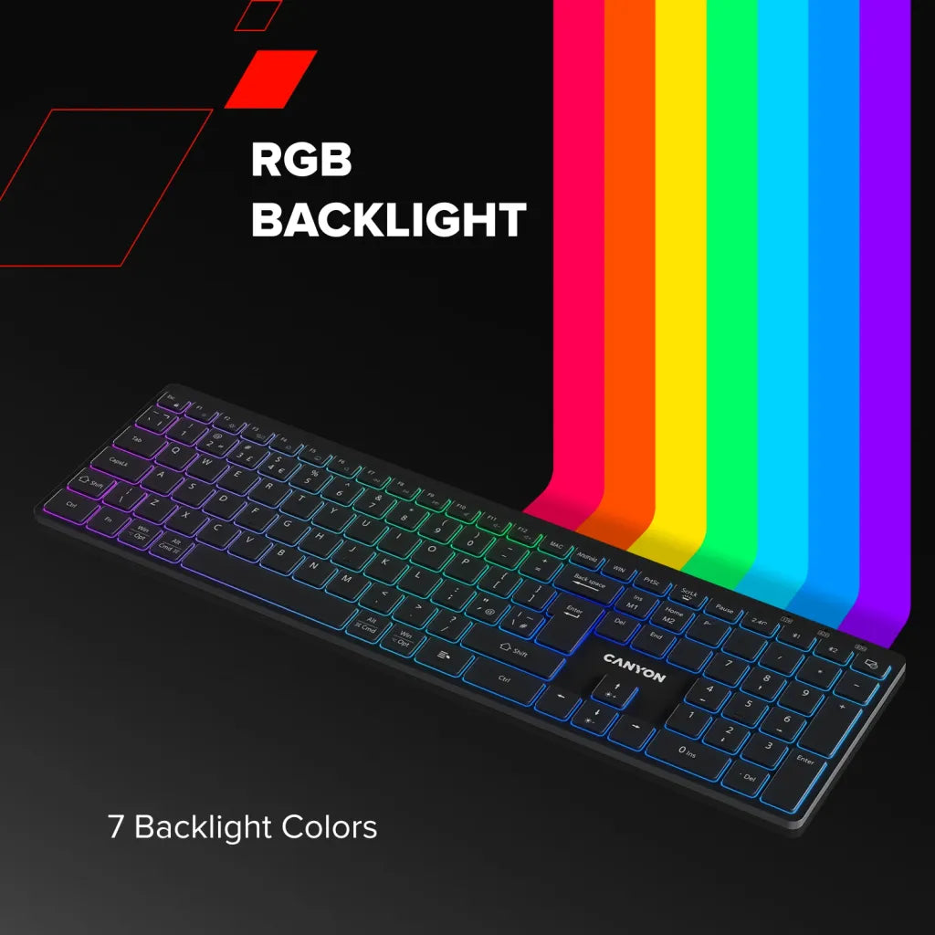 CANYON HKB-W11 bezvadu tastatūra, 2,4 GHz/Bluetooth, RGB, 113 taustiņi