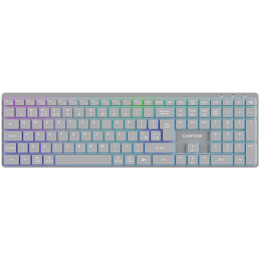 CANYON HKB-W11 bezvadu tastatūra, 2,4 GHz/Bluetooth, RGB, 113 taustiņi, pelēka
