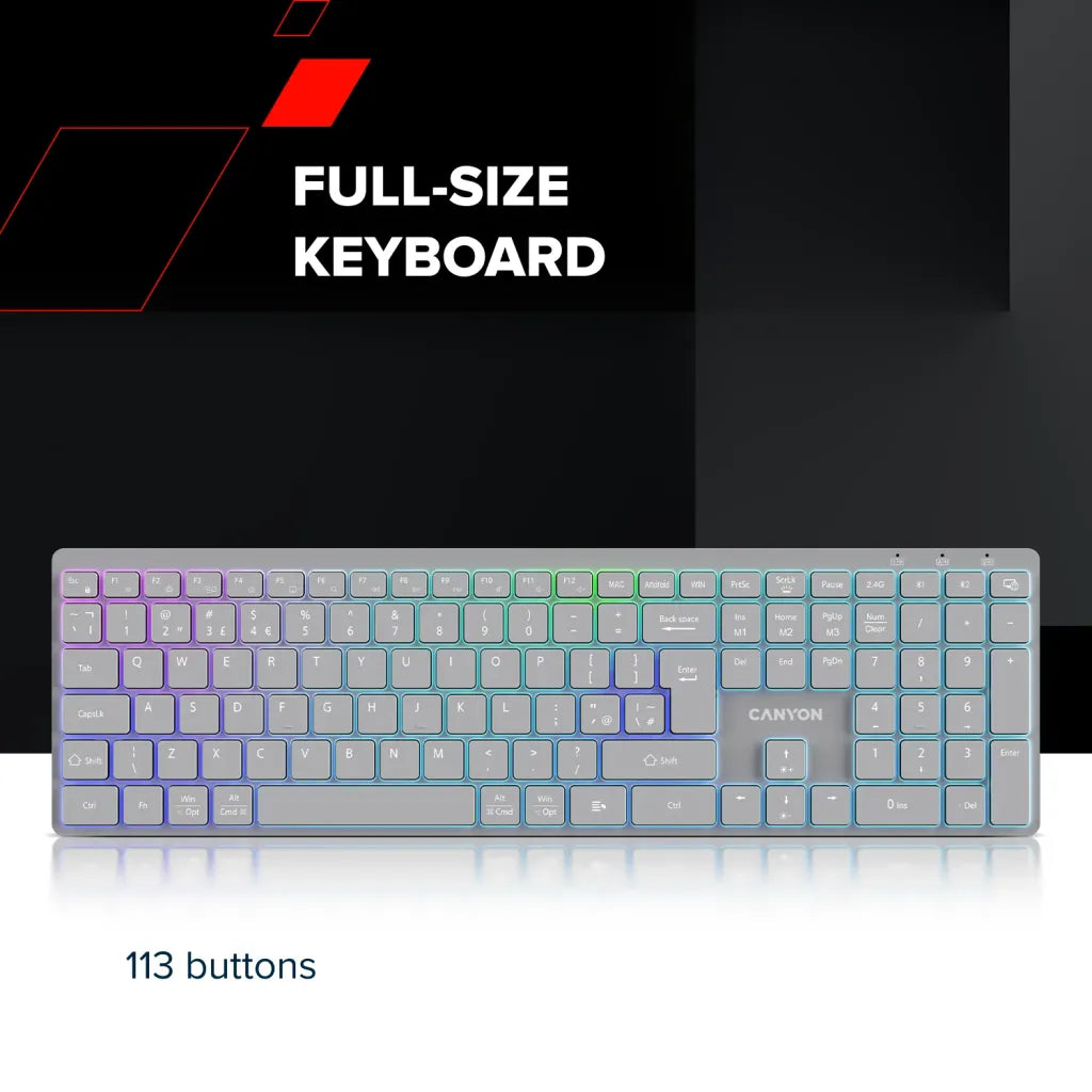 CANYON HKB-W11 bezvadu tastatūra, 2,4 GHz/Bluetooth, RGB, 113 taustiņi, pelēka