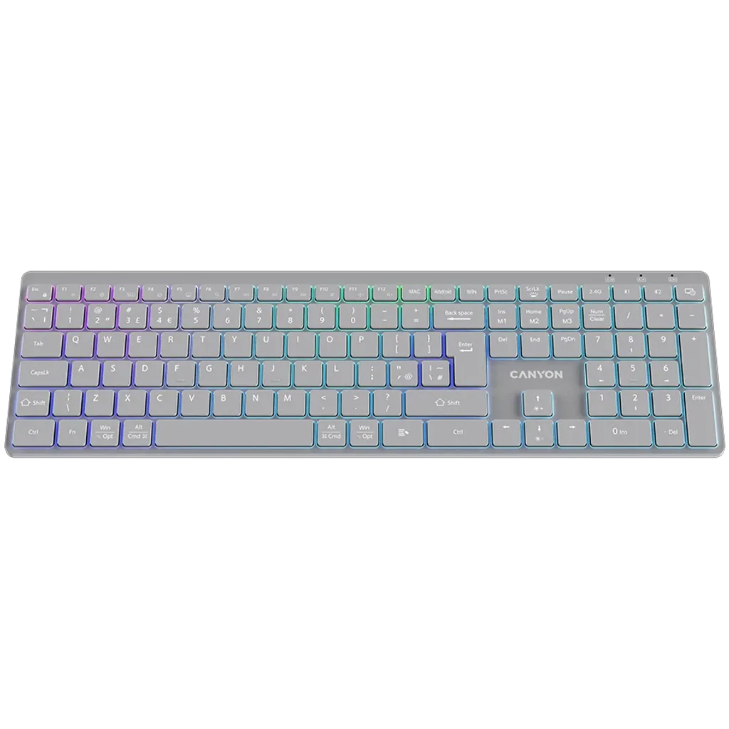 CANYON HKB-W11 bezvadu tastatūra, 2,4 GHz/Bluetooth, RGB, 113 taustiņi, pelēka