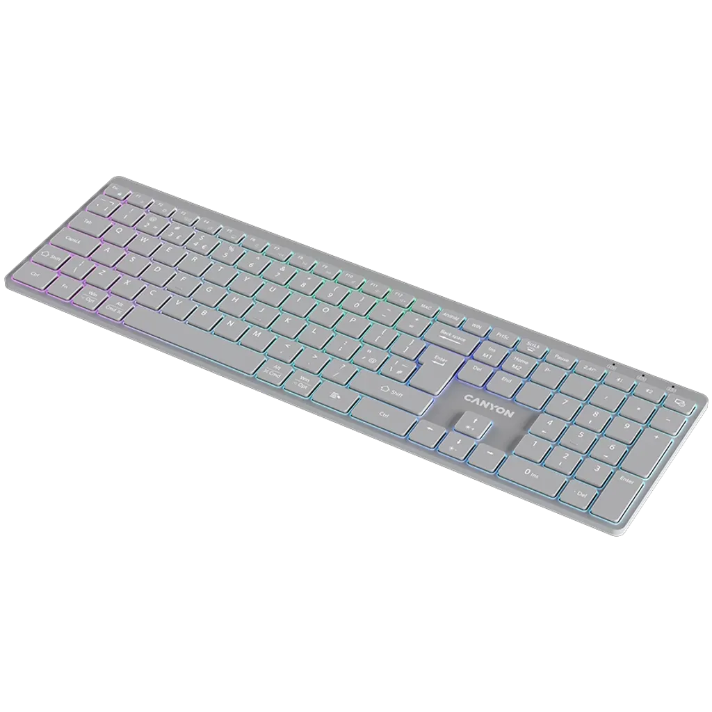 CANYON HKB-W11 bezvadu tastatūra, 2,4 GHz/Bluetooth, RGB, 113 taustiņi, pelēka