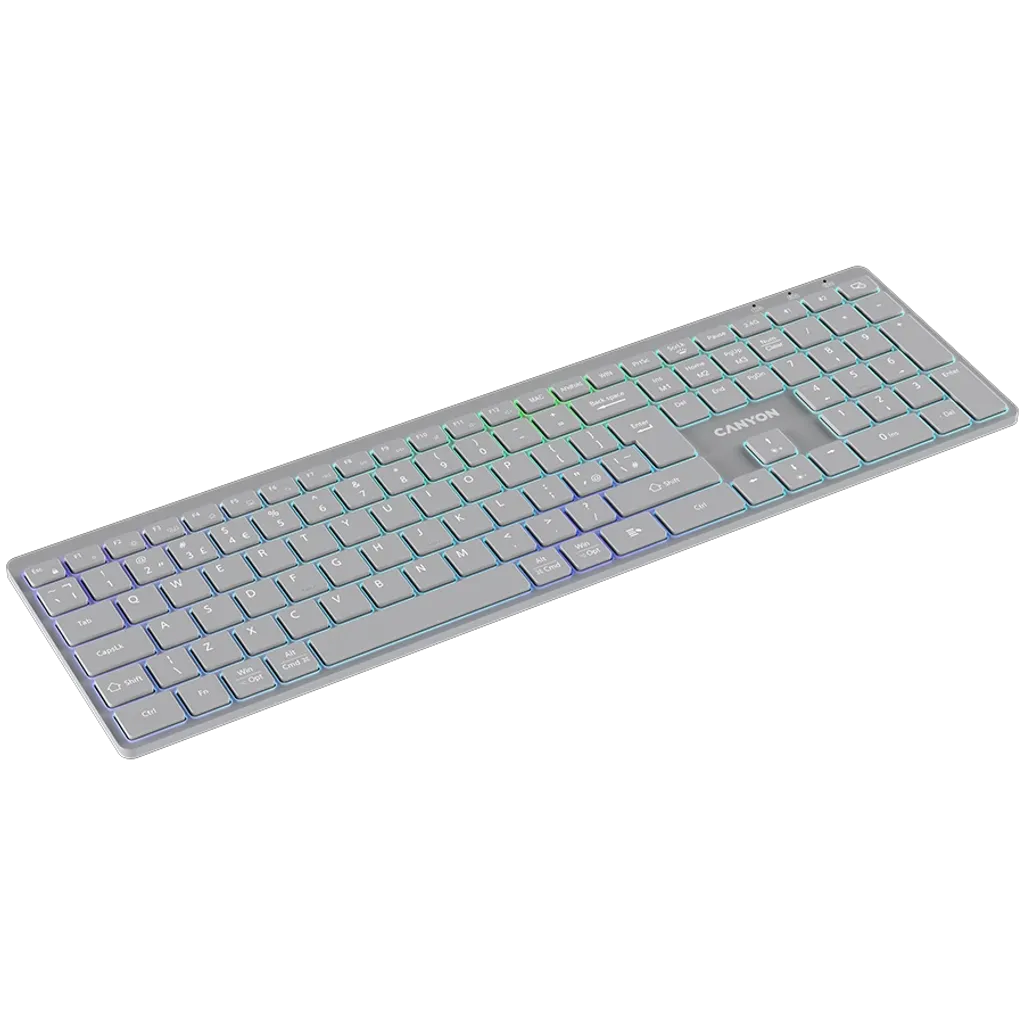 CANYON HKB-W11 bezvadu tastatūra, 2,4 GHz/Bluetooth, RGB, 113 taustiņi, pelēka