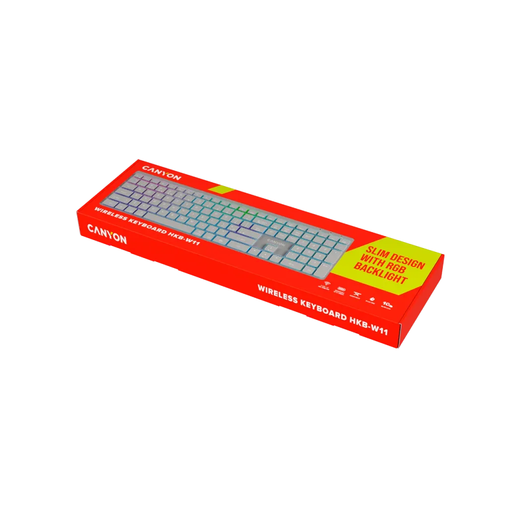 CANYON HKB-W11 bezvadu tastatūra, 2,4 GHz/Bluetooth, RGB, 113 taustiņi, pelēka