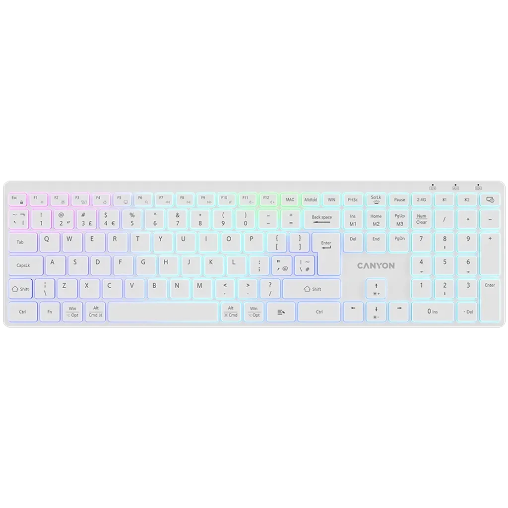 CANYON HKB-W11 bezvadu tastatūra, 2,4 GHz/Bluetooth, RGB, 113 taustiņi, balta