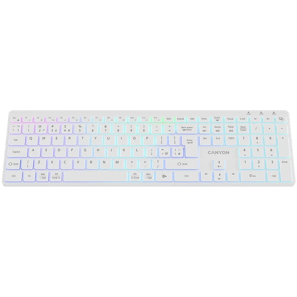 CANYON HKB-W11 bezvadu tastatūra, 2,4 GHz/Bluetooth, RGB, 113 taustiņi, balta