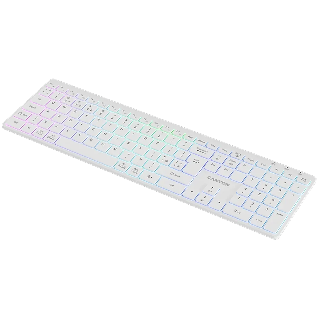 CANYON HKB-W11 bezvadu tastatūra, 2,4 GHz/Bluetooth, RGB, 113 taustiņi, balta