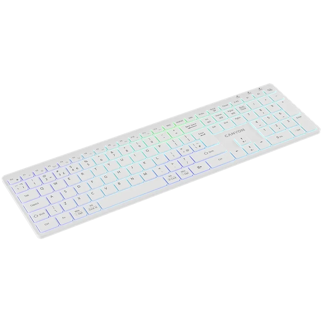 CANYON HKB-W11 bezvadu tastatūra, 2,4 GHz/Bluetooth, RGB, 113 taustiņi, balta