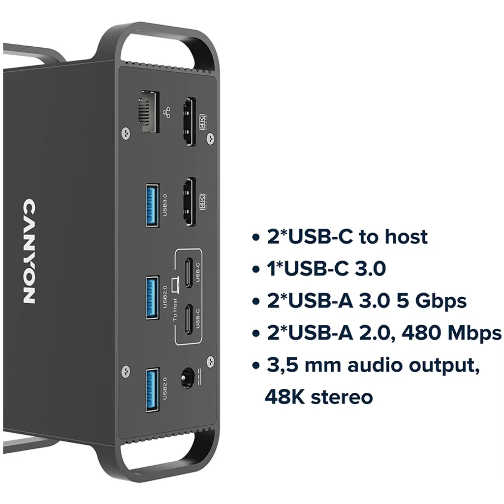 CANYON HDS-95ST USB-C 14 portu dokstacija, 100W, 2×HDMI 4K, pelēka