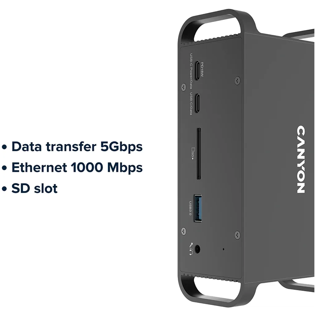 CANYON HDS-95ST USB-C 14 portu dokstacija, 100W, 2×HDMI 4K, pelēka