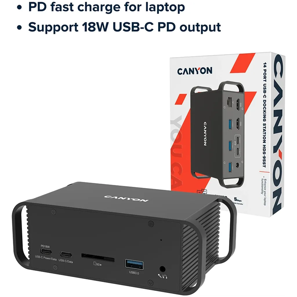 CANYON HDS-95ST USB-C 14 portu dokstacija, 100W, 2×HDMI 4K, pelēka