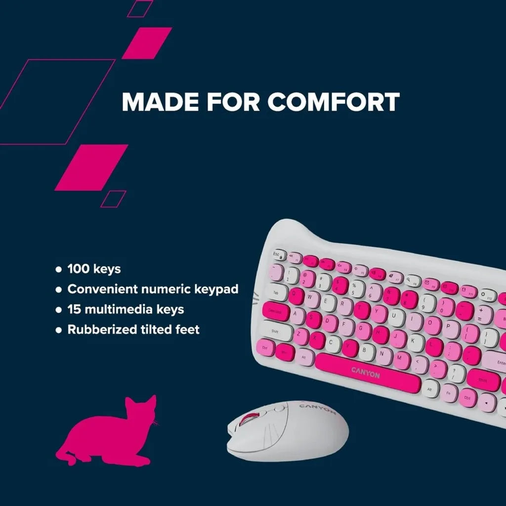 CANYON HSET-W6 Kitty bezvadu tastatūras un peles komplekts, violets