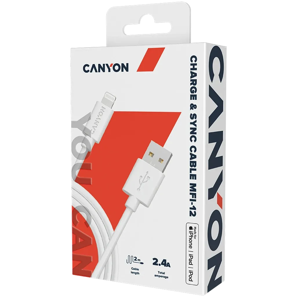 Canyon MFI-12 USB-A–Lightning kabelis, 2 m, 12 W, balts