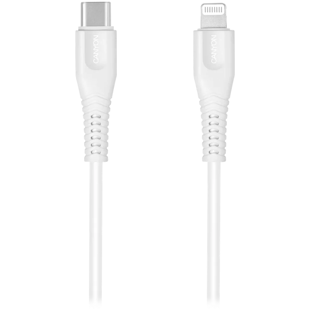 Canyon MFI-4 USB-C–Lightning kabelis, 1,2 m, 18 W, balts