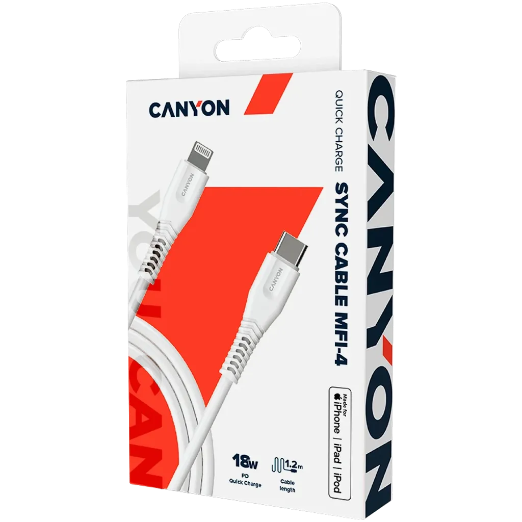 Canyon MFI-4 USB-C–Lightning kabelis, 1,2 m, 18 W, balts