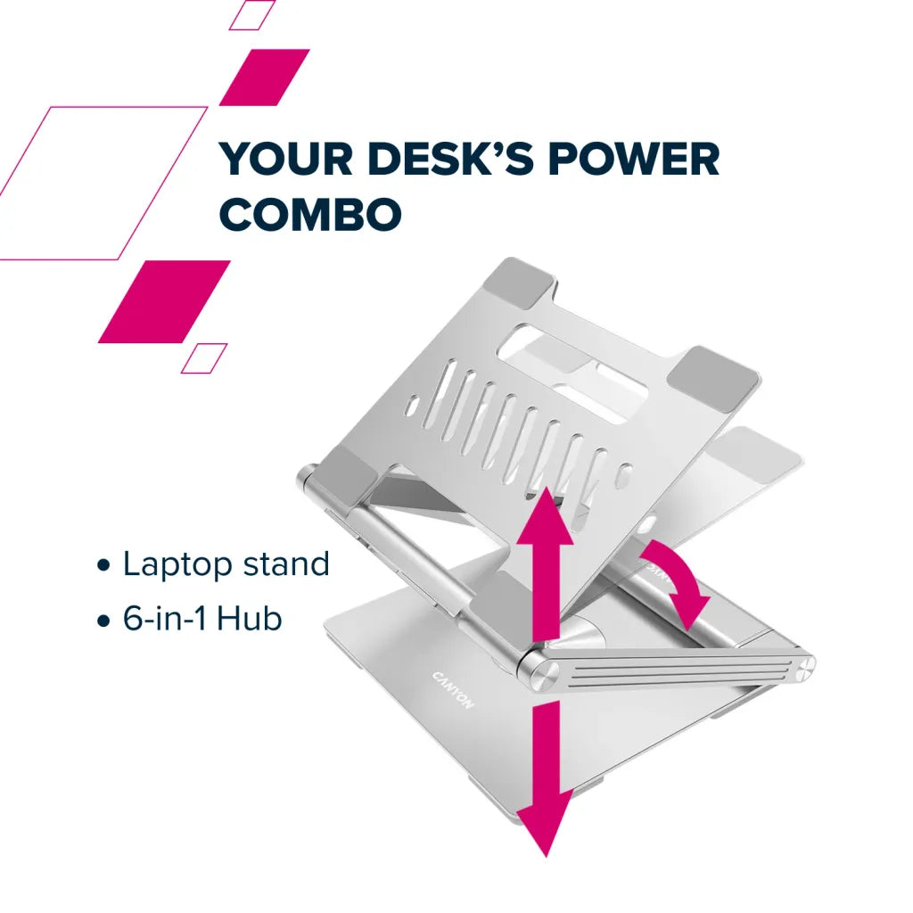CANYON OnStand 2 klēpjdatora statīvs ar 6in1 USB-C HUB, 100W PD, 4K