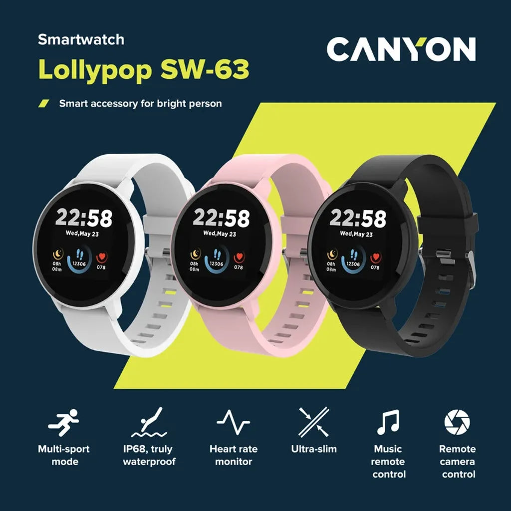 CANYON Lollypop SW-63 viedpulkstenis 1.3" IPS, IP68, melns