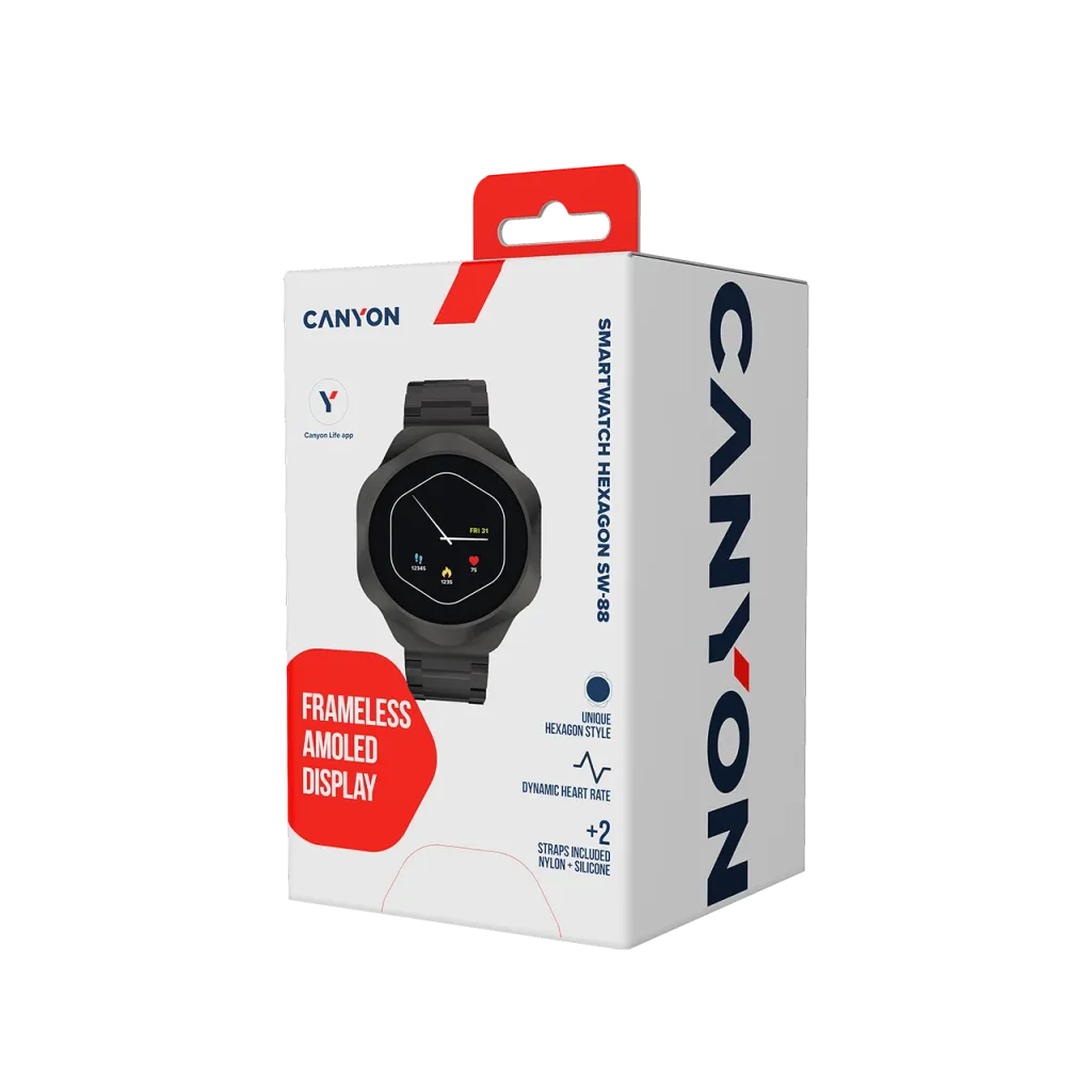 CANYON Hexagon SW-88 viedpulkstenis 1.43" AMOLED, BT zvani, IP67, melns