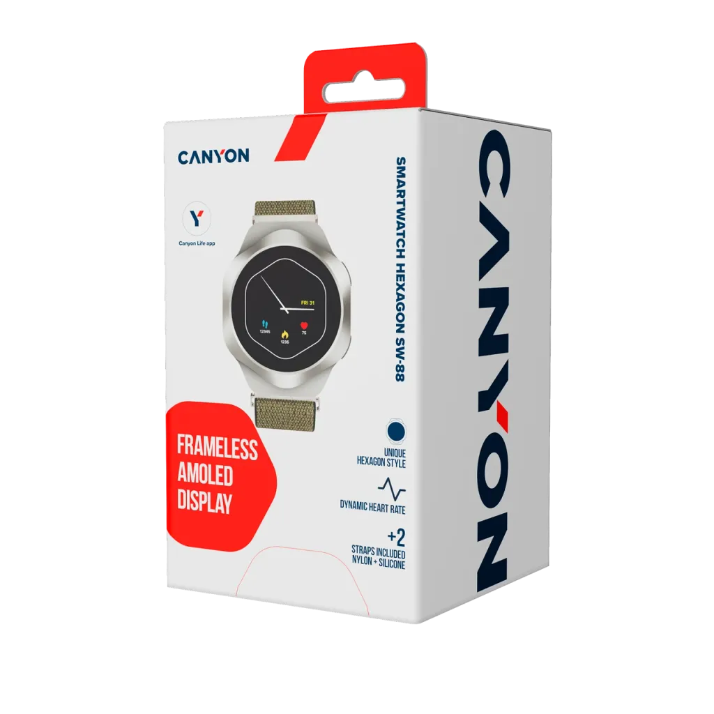 CANYON Hexagon SW-88 viedpulkstenis 1.43" AMOLED, BT zvani, IP67, sudraba