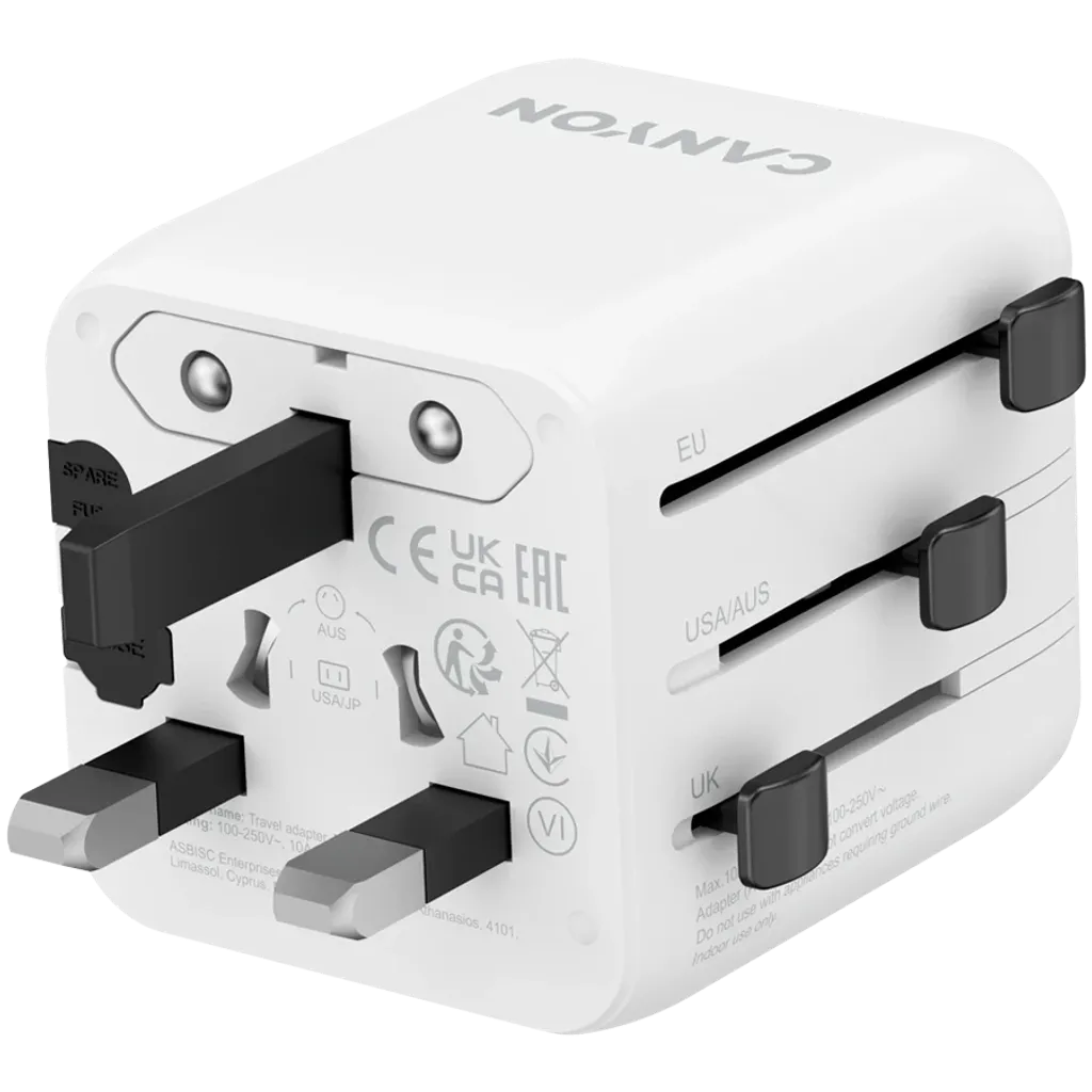 CANYON OnTour One universāls ceļojumu adapteris EU/UK/US/AUS, 2500W, balts