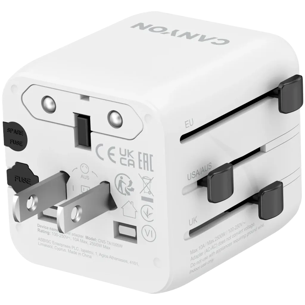 CANYON OnTour One universāls ceļojumu adapteris EU/UK/US/AUS, 2500W, balts