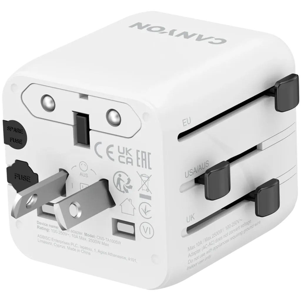 CANYON OnTour One universāls ceļojumu adapteris EU/UK/US/AUS, 2500W, balts
