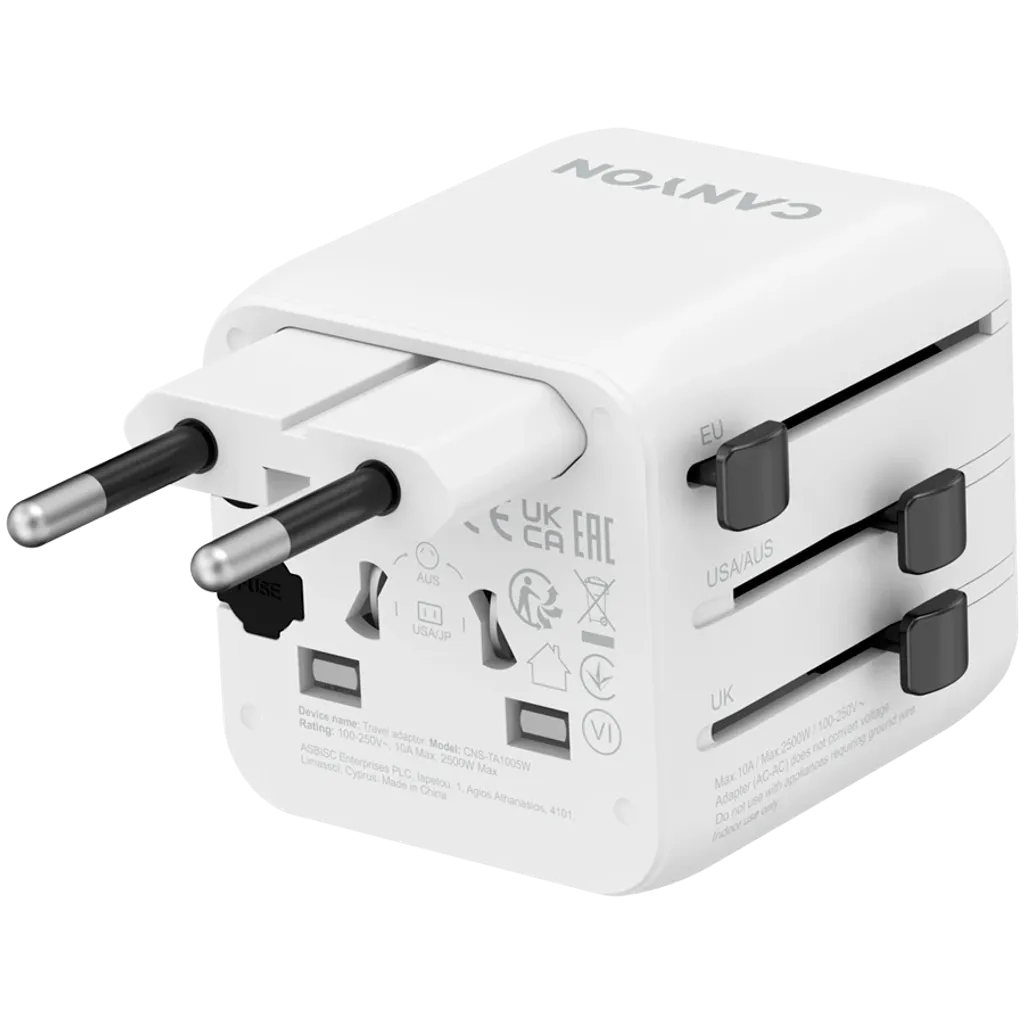 CANYON OnTour One universāls ceļojumu adapteris EU/UK/US/AUS, 2500W, balts