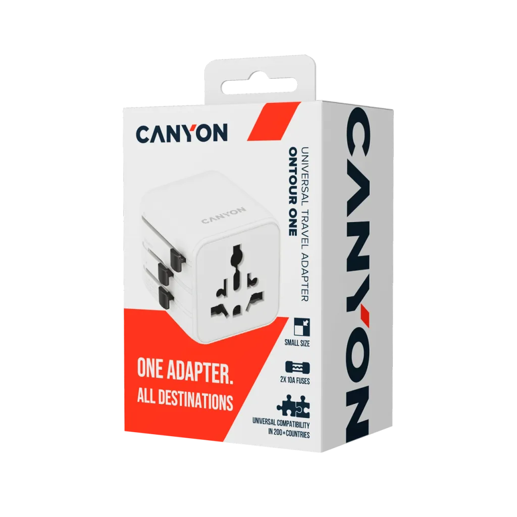 CANYON OnTour One universāls ceļojumu adapteris EU/UK/US/AUS, 2500W, balts