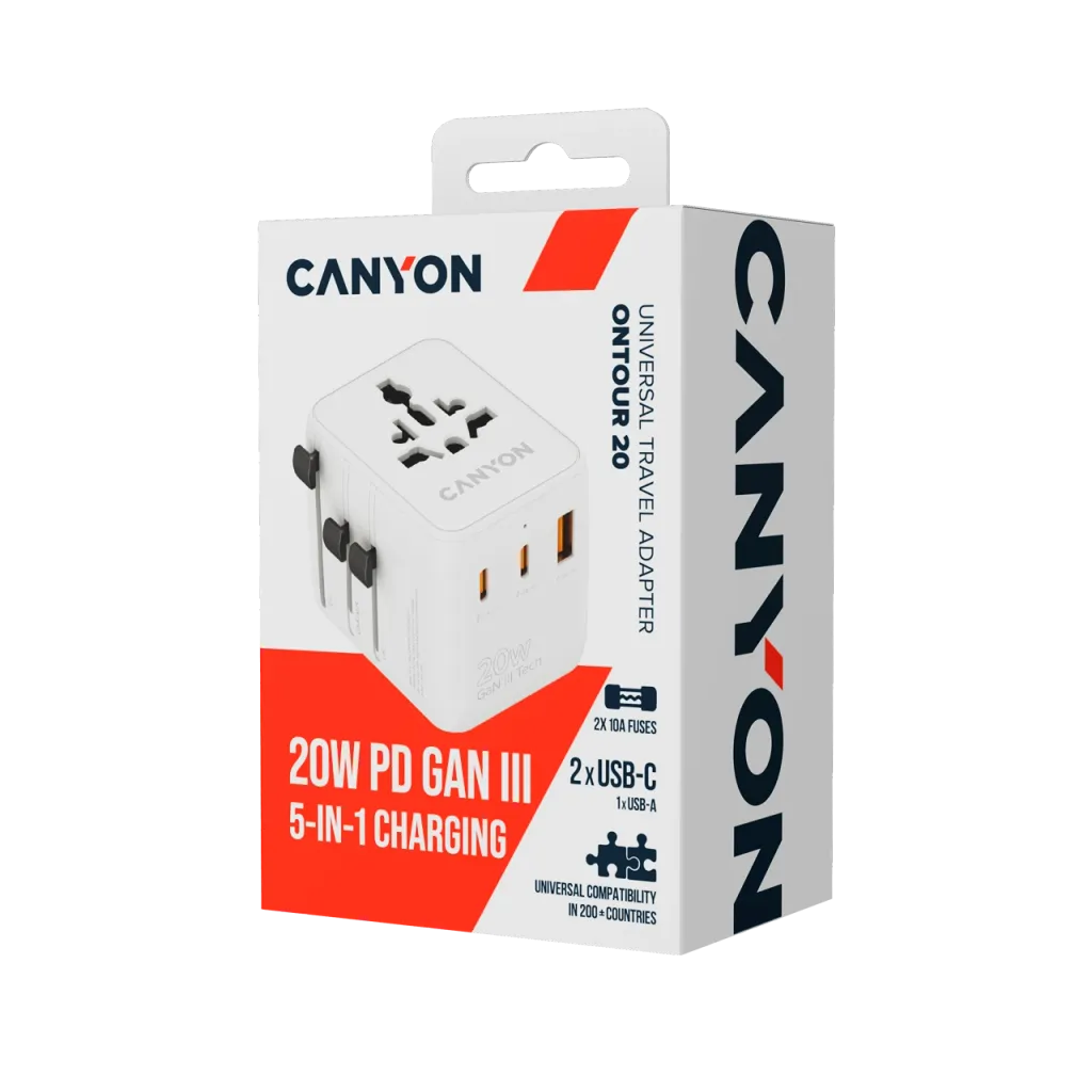 CANYON OnTour 20 universāls GaN III ceļojumu adapteris 20W, EU/UK/US/AUS